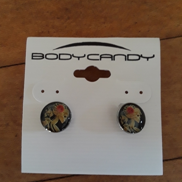 Stainless Steel Red Rose Skeleton Stud Earrings - Picture 2 of 3